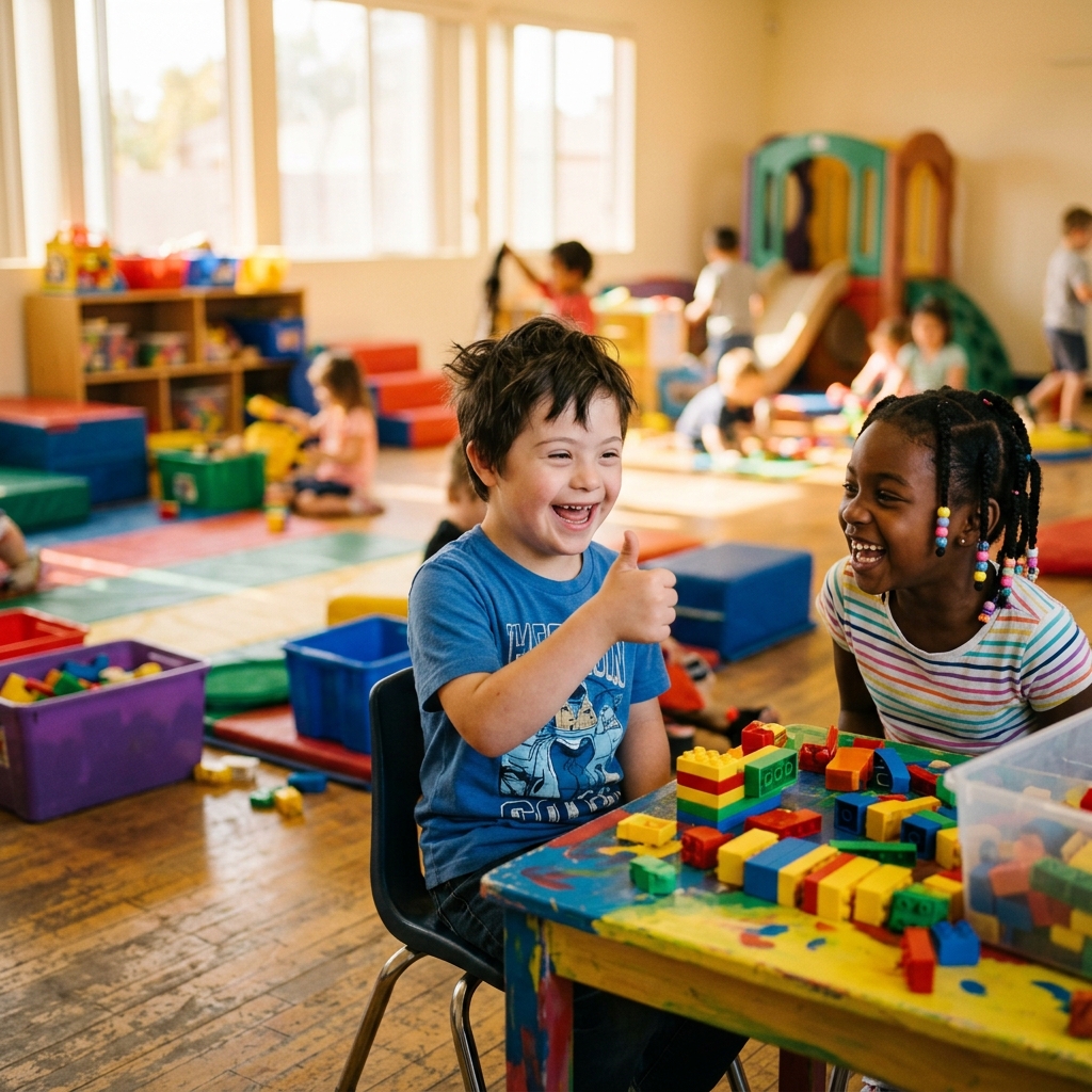 A joyful child with Down syndrome participating in the program with a peer