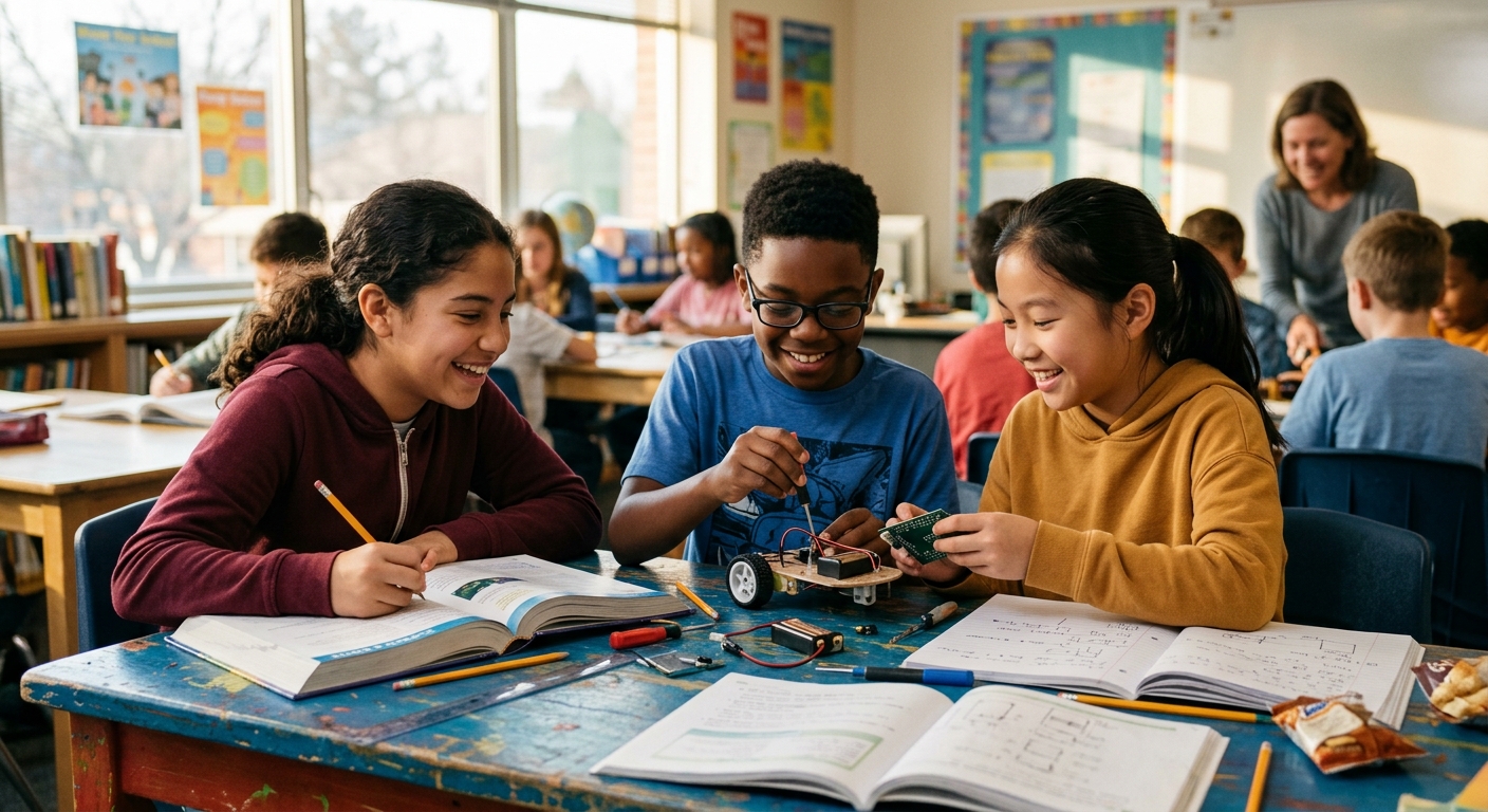 Diverse kids learning STEM together at an after-school table
