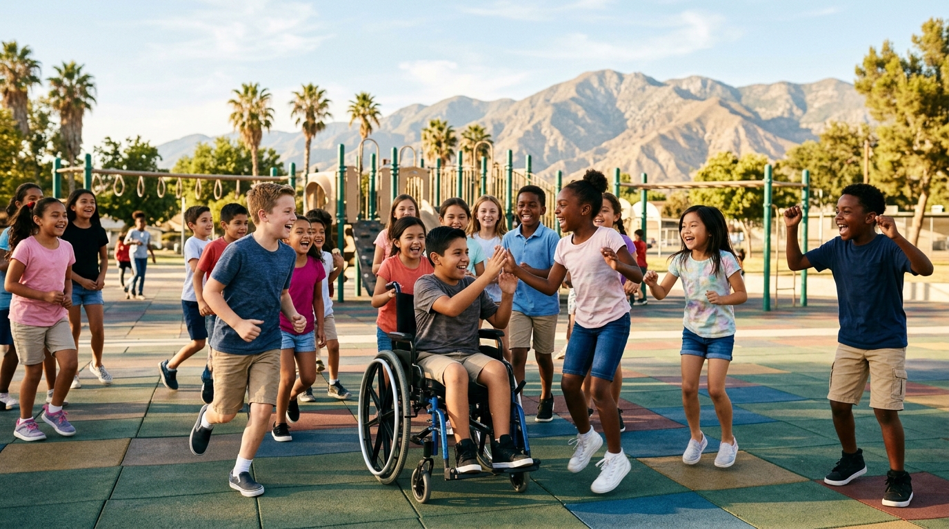 A diverse group of multi-ethnic kids — including a child in a wheelchair — playing together on a sunny San Bernardino County playground